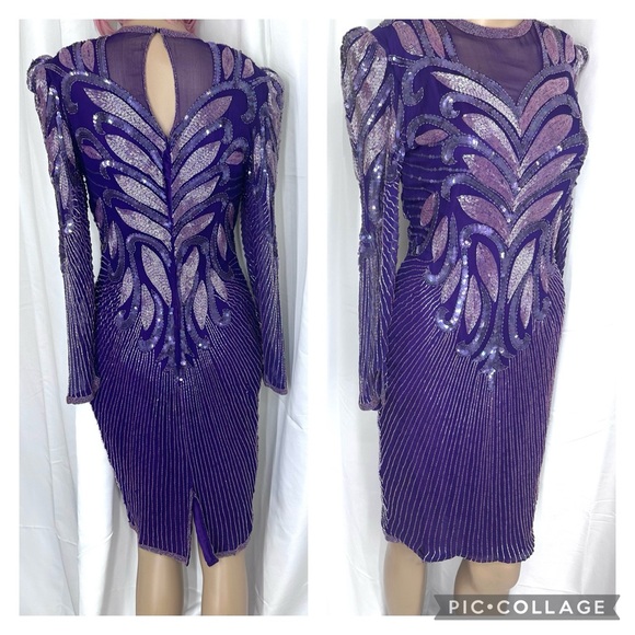 Scala Purple Intricately Beaded Sequined Silk Dress Size Small - Picture 2 of 10